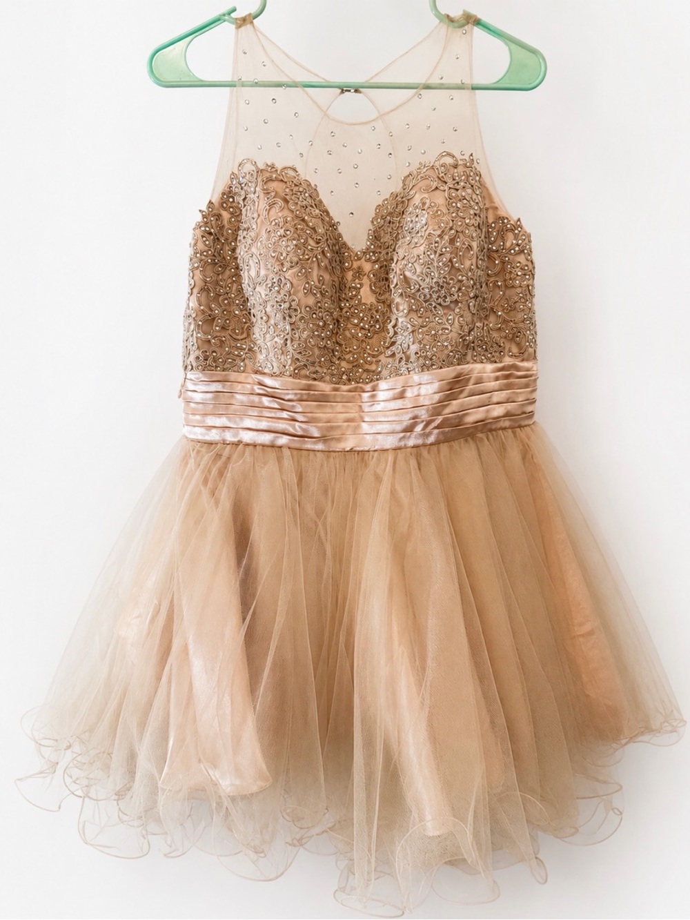 Sleeveless Champagne Tulle Fit-and-Flare Dress with Illusion Neckline - Picture 4 of 10